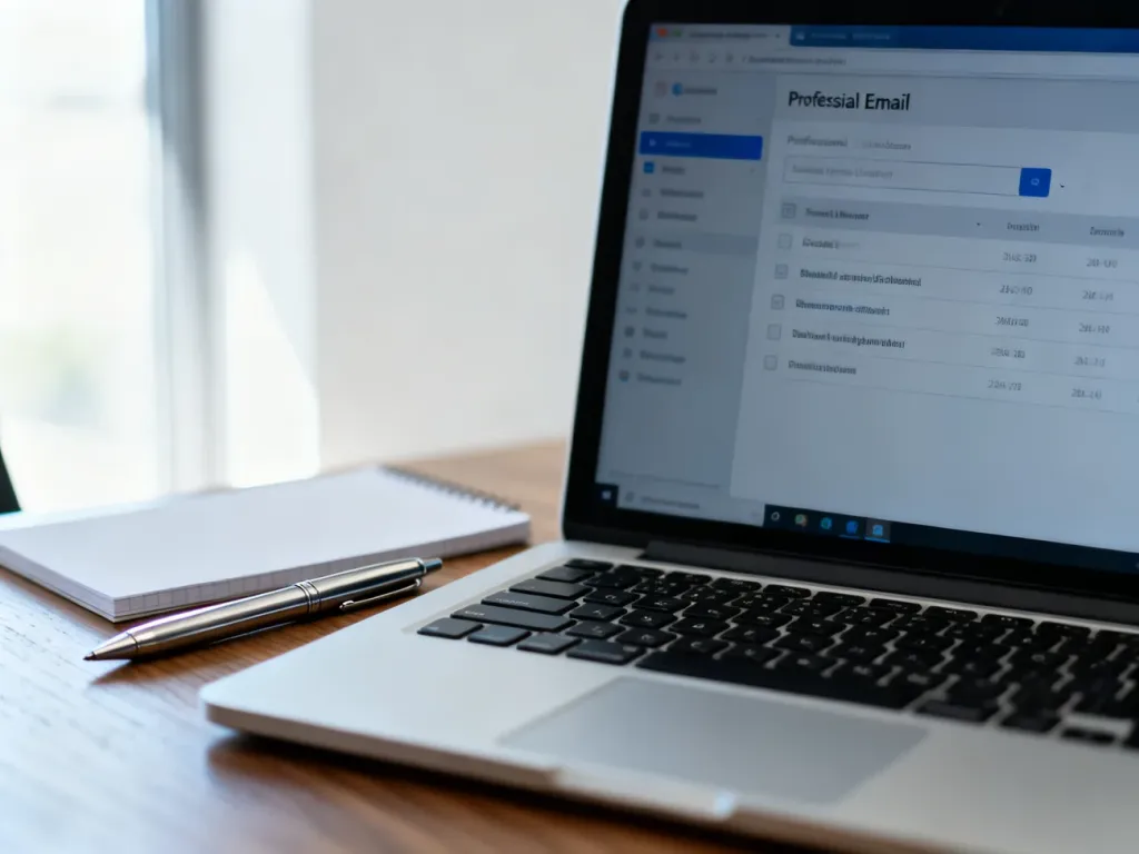 Nowoczesne biurko z laptopem wyświetlającym skrzynkę odbiorczą e-mail, podkreślające profesjonalną komunikację biznesową.