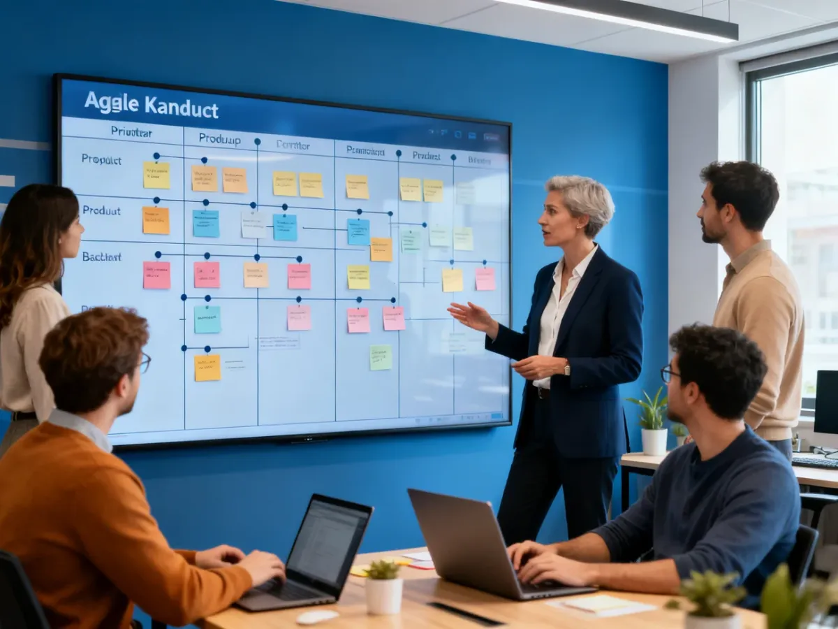 Zespół Agile wspólnie porządkujący backlog produktu przy tablicy z zadaniami