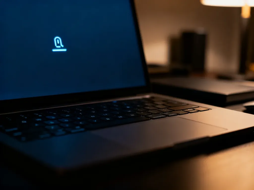 Nowoczesna klawiatura laptopa w przyciemnionym biurze z delikatnym podświetleniem powiadomienia na ekranie.