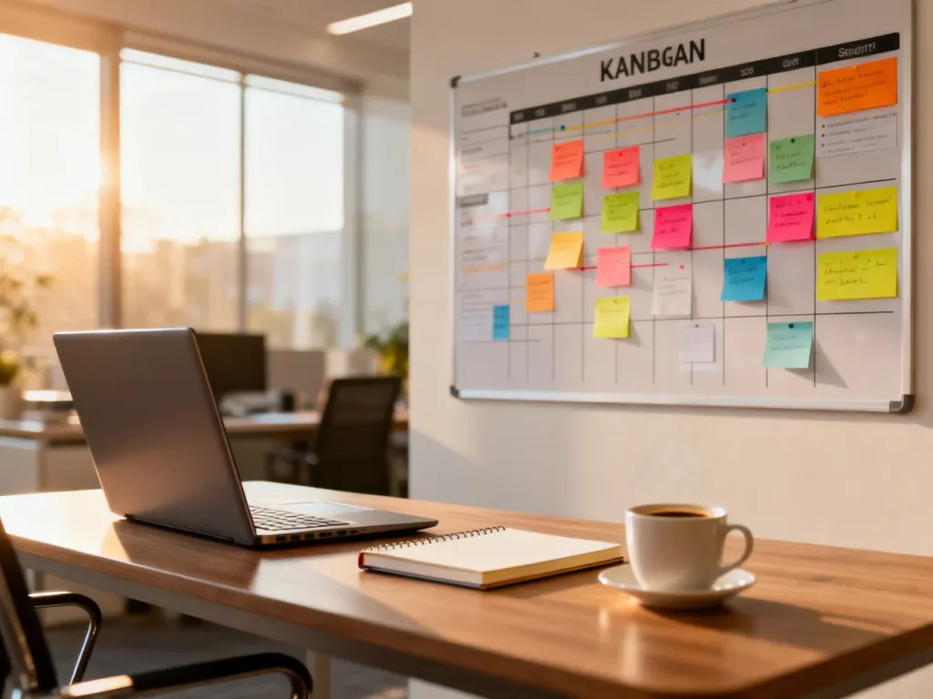 Tablica Kanban z kolorowymi karteczkami zadań na ścianie biura, symbolizująca uporządkowany backlog projektu.