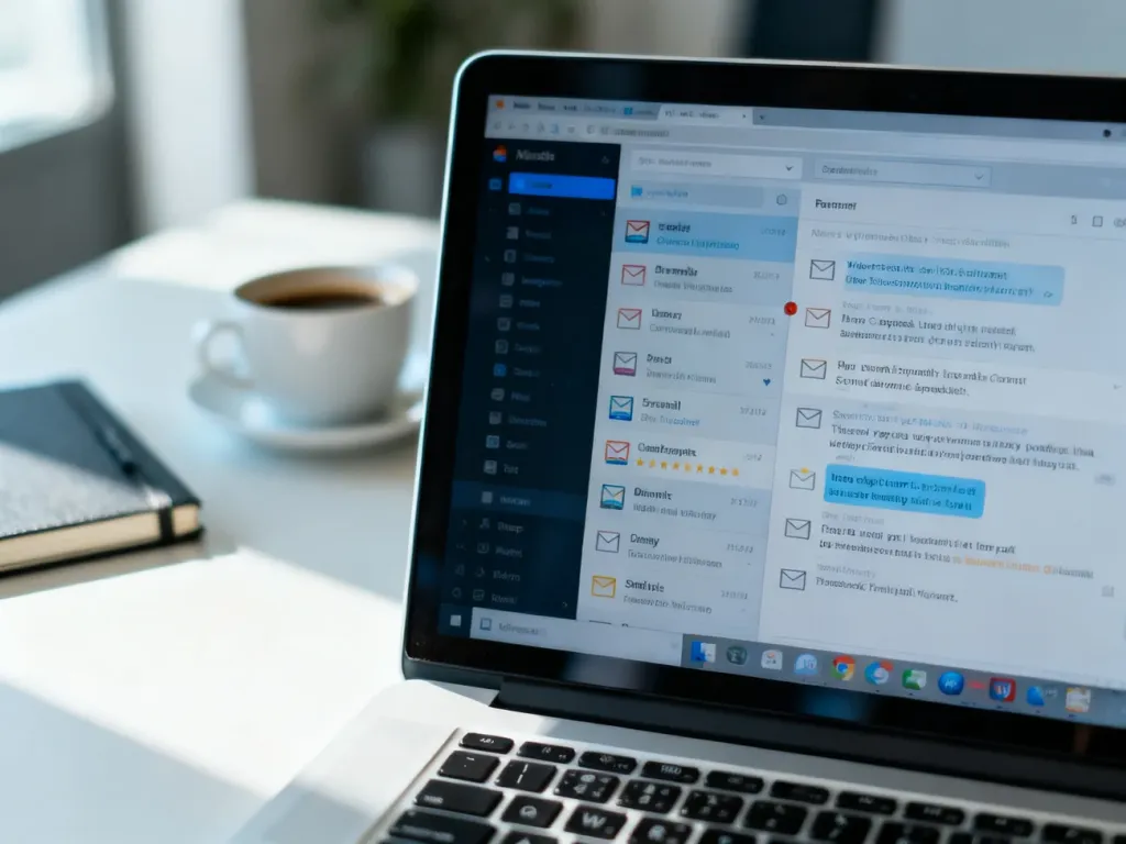 Ekran laptopa z przepełnioną skrzynką odbiorczą e-mail, symbolizujący wyzwania związane z zarządzaniem korespondencją.